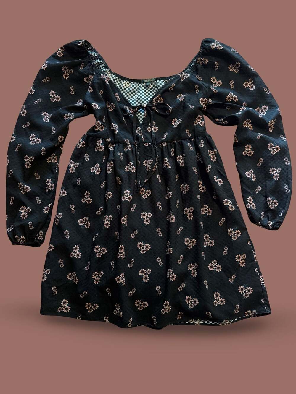 Wild Fable Women's Long Sleeve Tie-Front Muse Dress Black Floral Size M